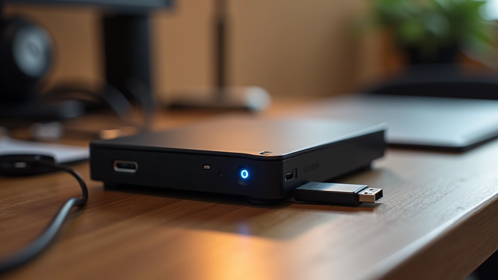 Disco duro externo y unidades USB en escritorio, almacenamiento local físico con cables organizados