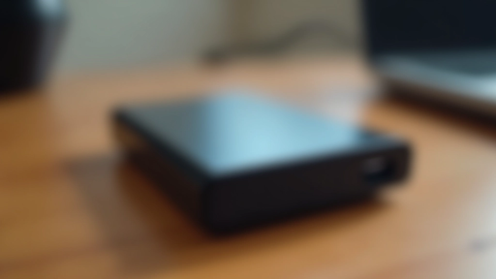 Disco duro externo negro de tamaño portátil junto a cables USB, sobre escritorio con tonos cálidos de iluminación