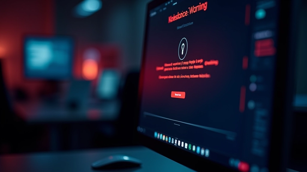 Pantalla de computadora mostrando advertencia de seguridad, ambiente de oficina oscuro con luz roja de alerta