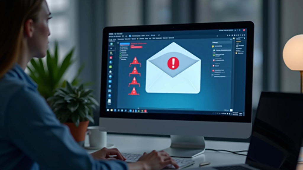 Correo electrónico de phishing abierto en pantalla, icono de advertencia visible, fondo rojo de alerta