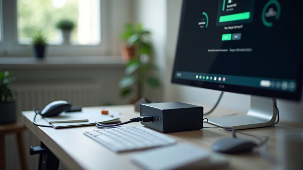 Unidad externa de respaldo conectada a computadora con indicador de progreso de sincronización en pantalla