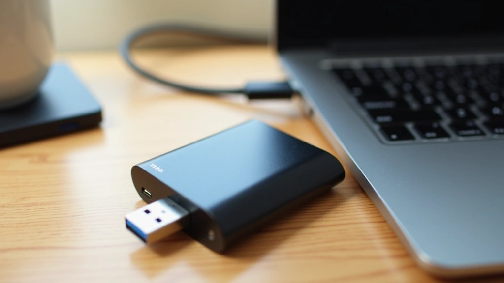 Unidad de almacenamiento externa USB y disco duro externo conectados a computadora portátil en escritorio