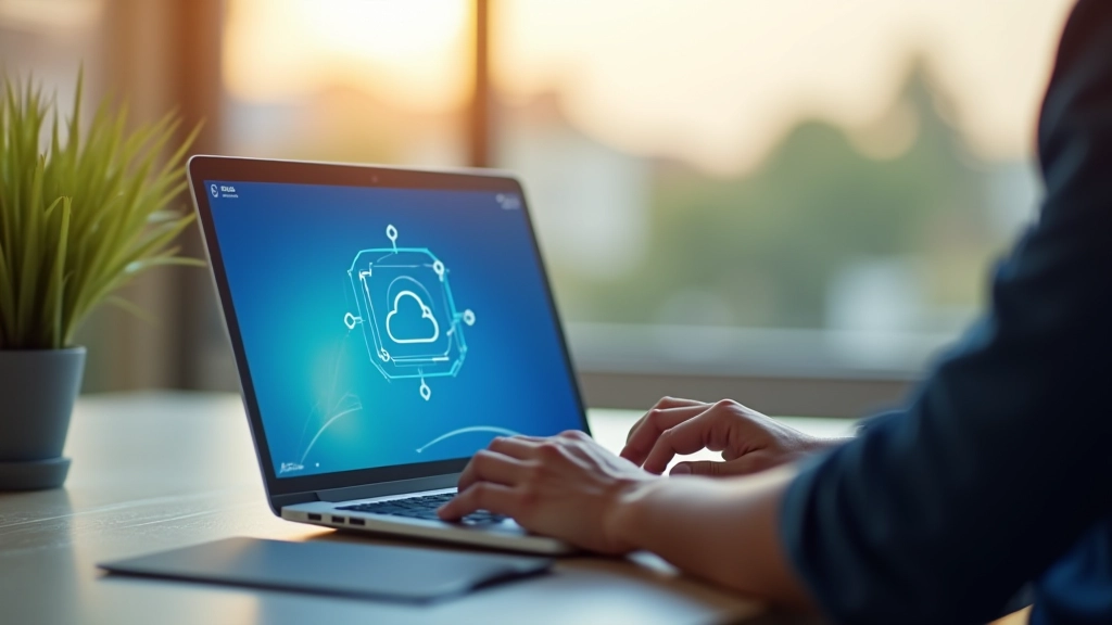 Pantalla de computadora mostrando interfaz de almacenamiento en nube con iconos de sincronización y archivos organizados