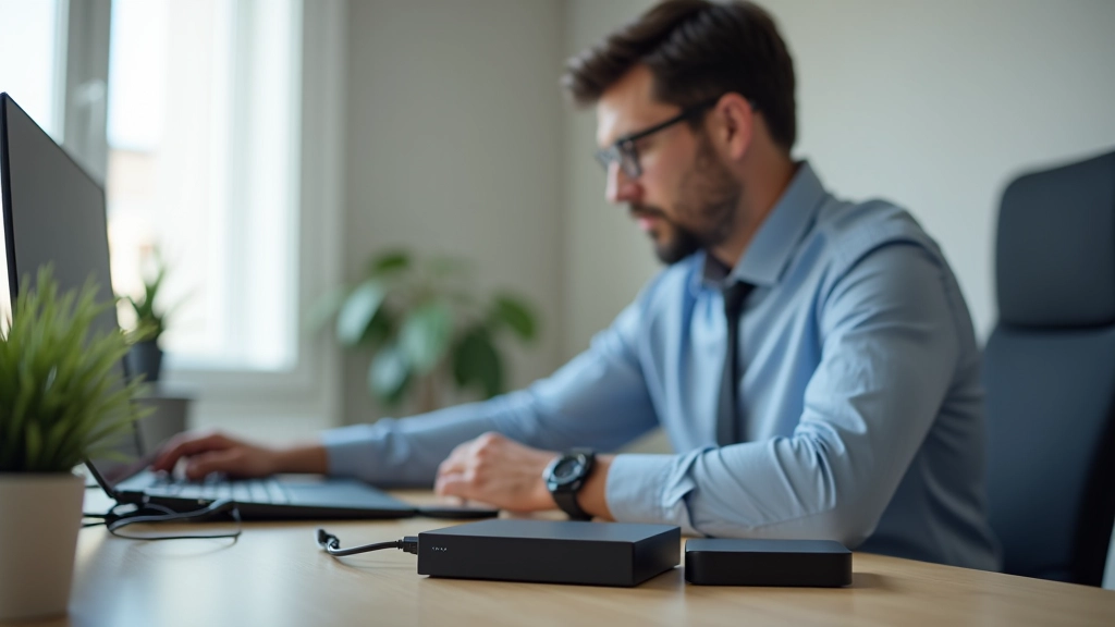 Persona trabajando en computadora portátil con varios dispositivos de almacenamiento alrededor del escritorio
