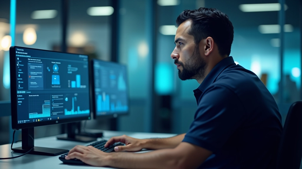 Escritorio de oficina con múltiples pantallas mostrando dashboards de seguridad, ambiente profesional bien iluminado